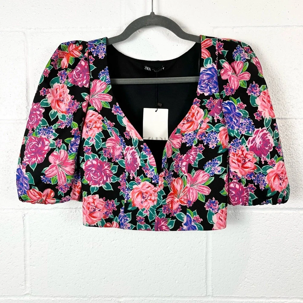 Zara Floral Puff Sleeve Crop Top Blouse - Picture 2 of 14